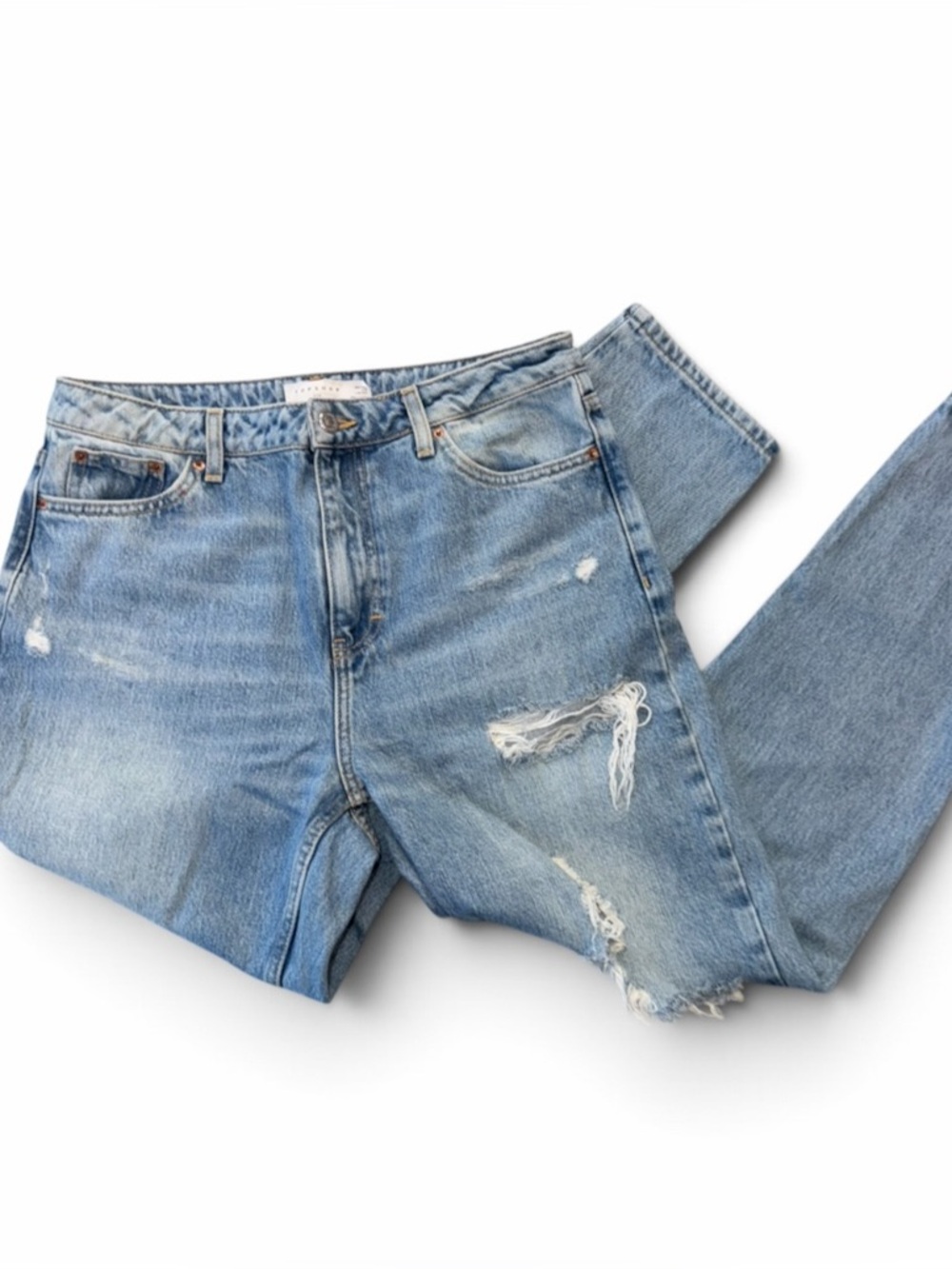 Topshop Mom Jeans W30 L30 Light Wash Distressed High Rise Tapered - Picture 8 of 11
